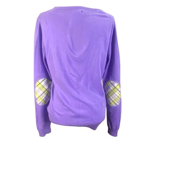 Women’s IZOD Golf Sweater Large Purple V Neck Preppy Long Sleeve Patch Elbows - Picture 2 of 8